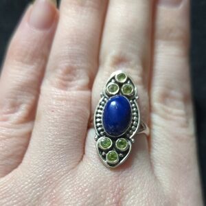 Sterling Silver Blue Lapis Lazuli Green Peridot Gemstone Statement Ring - 8.5
